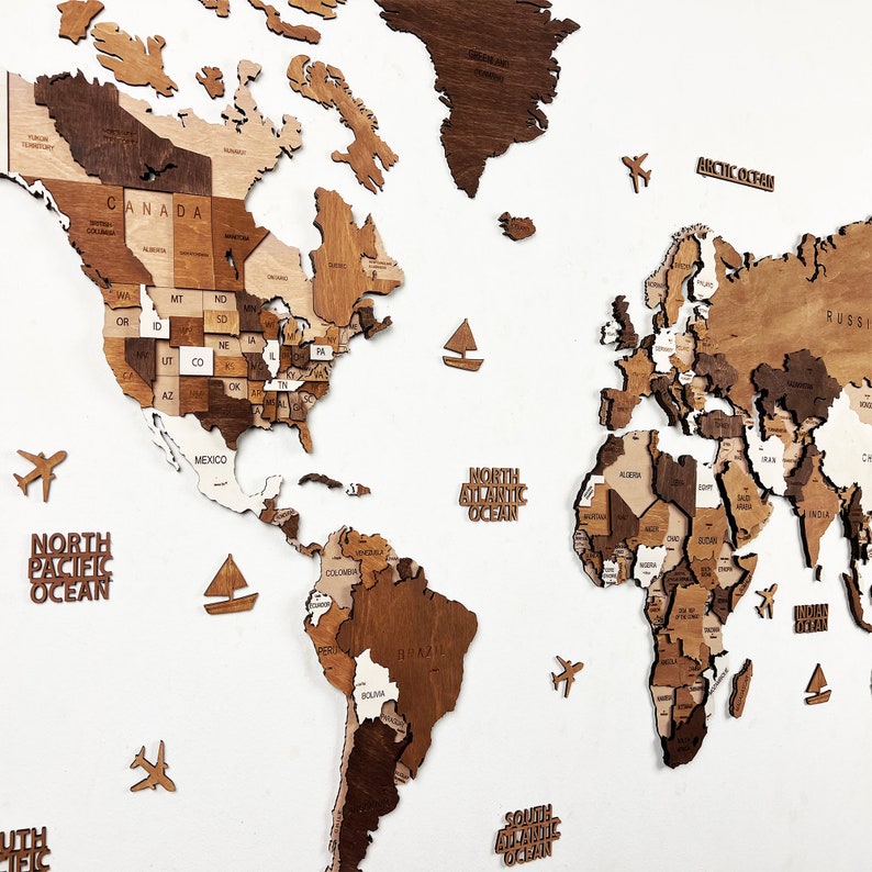 3D Wooden World Map, 5th Anniversary Gift for Couples, Wood Map of the World Travel Wall Décor, World Traveler Gift, Office World Map-POIULTD