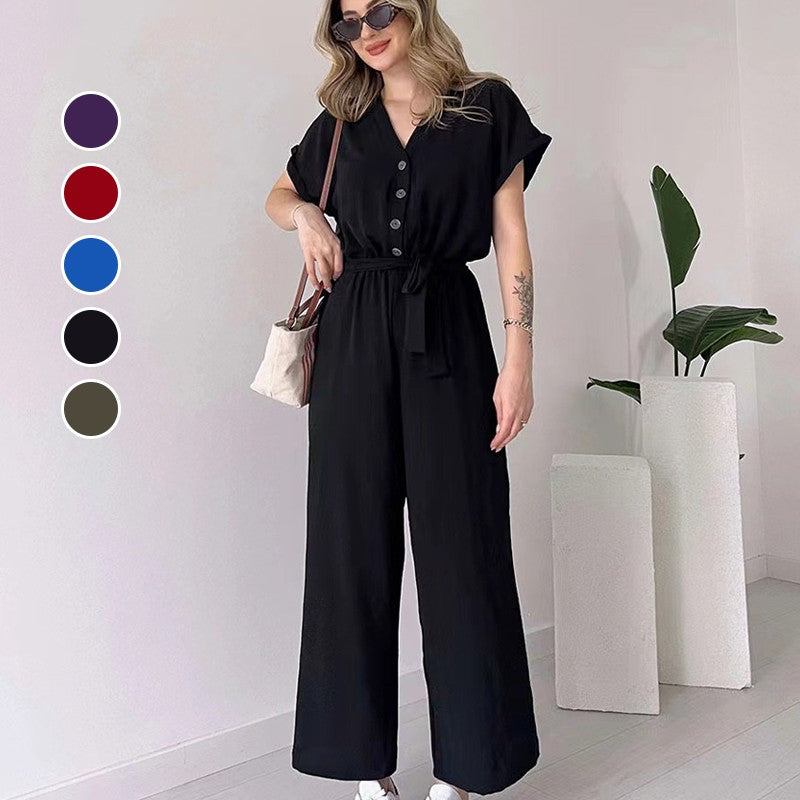 (48% OFF🔥Buy 2 Free Shipping) 💖Women's V-Neck Short-Sleeve Casual Jumpsuit-POIULTD