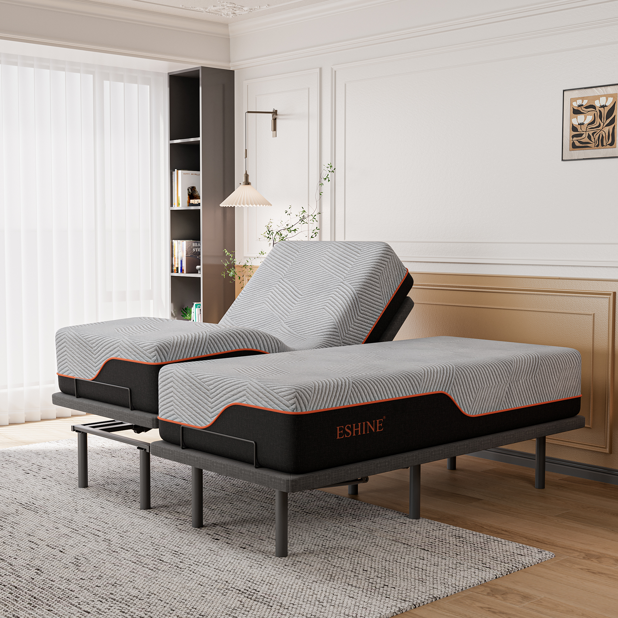 FlexSleep Pro Grey Series E3100, Massage Adjustable Bed Frame with Memory Form Mattress-eshinesleep
