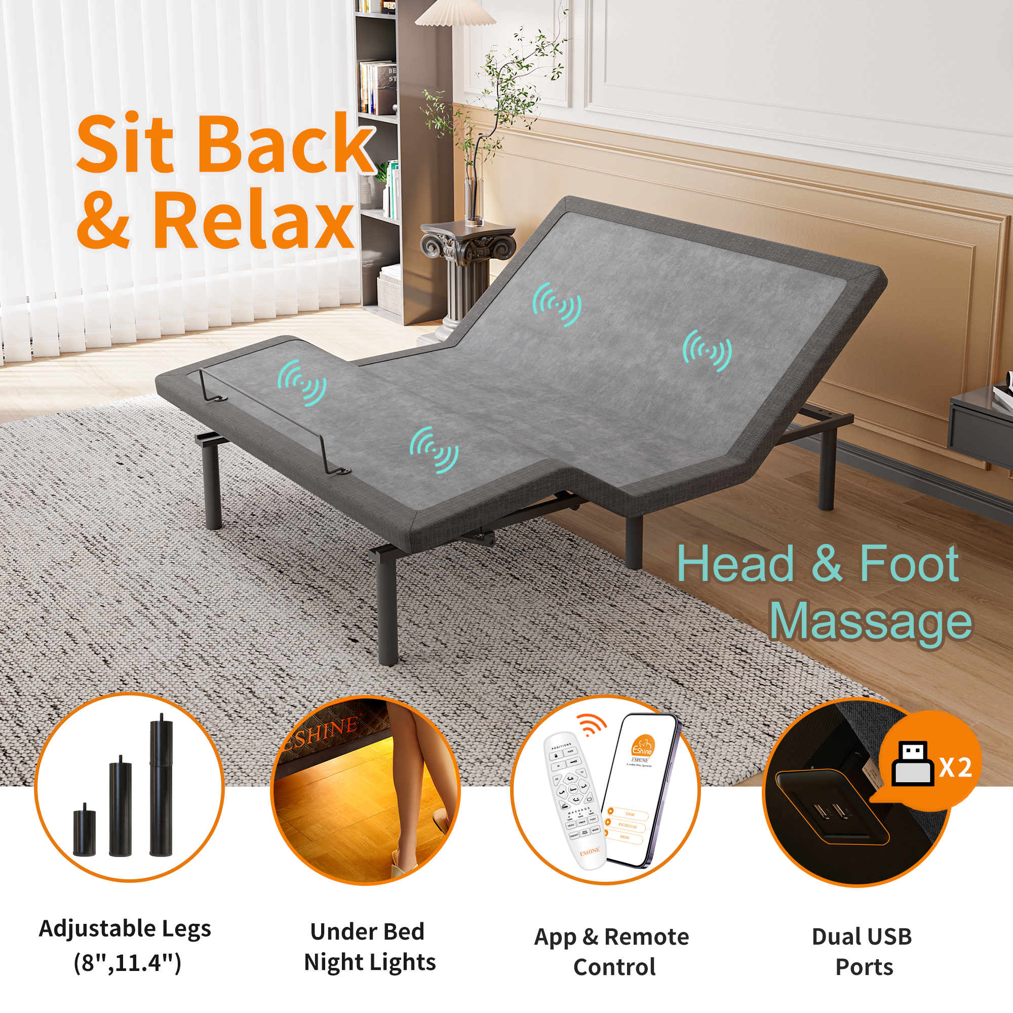 FlexSleep Pro Grey Series E3100, Massage Adjustable Bed Frame with Memory Form Mattress-eshinesleep