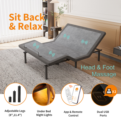 FlexSleep Pro Grey Series E3100, Massage Adjustable Bed Frame with Memory Form Mattress-eshinesleep