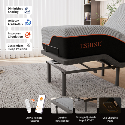 FlexSleep Pro Grey Series E3100, Massage Adjustable Bed Frame with Memory Form Mattress-eshinesleep