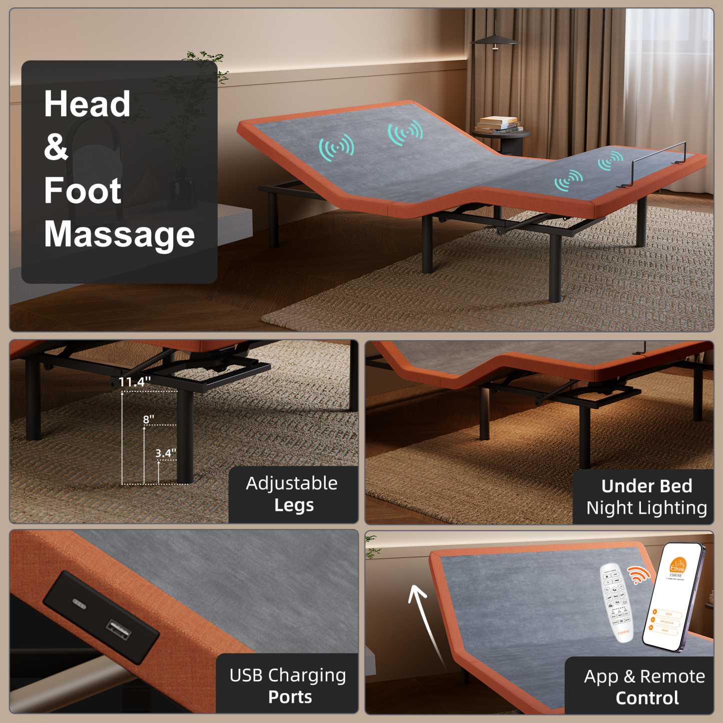 FlexSleep Pro Series E5000, Massage Back Support Adjustable Bed Frame-eshinesleep