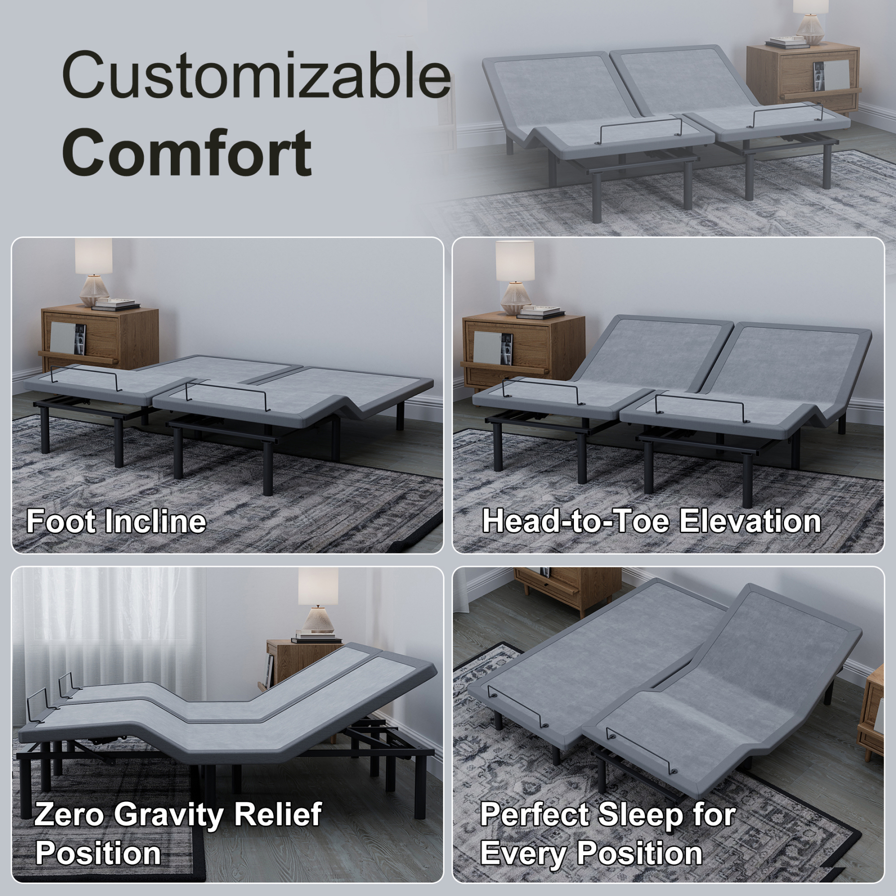 FlexSleep Pro Grey Series E3100, Massage Adjustable Bed Frame-eshinesleep