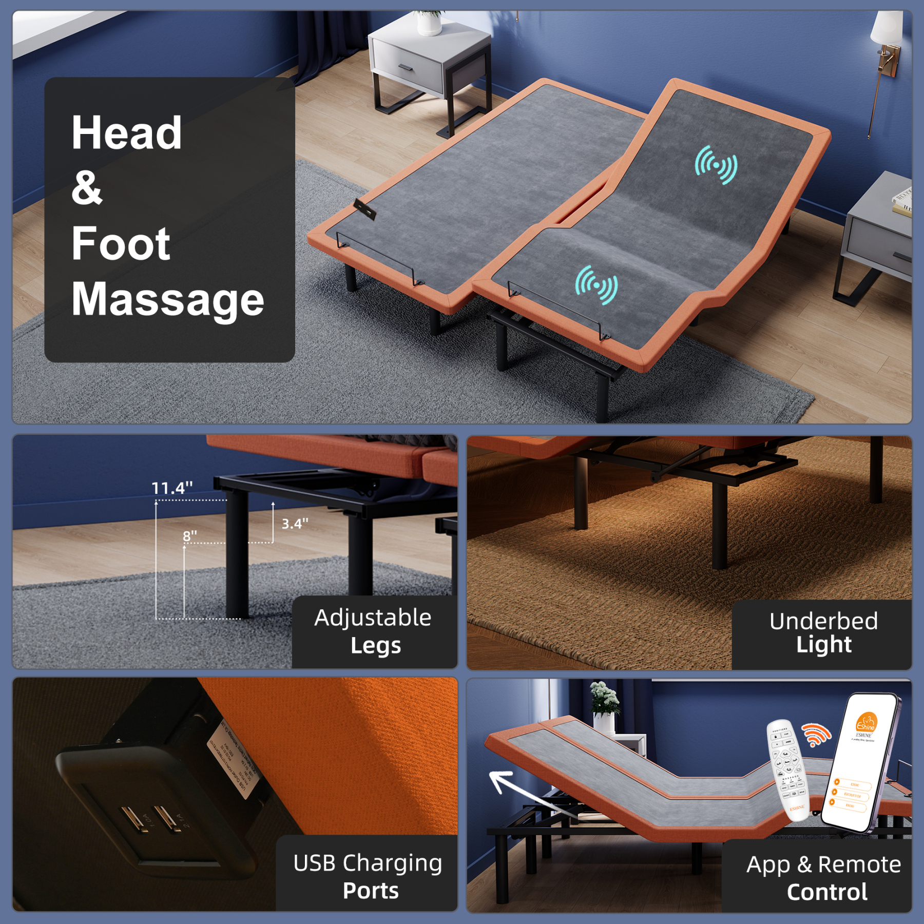 FlexSleep Pro Series E3000, Massage Adjustable Bed Frame-eshinesleep