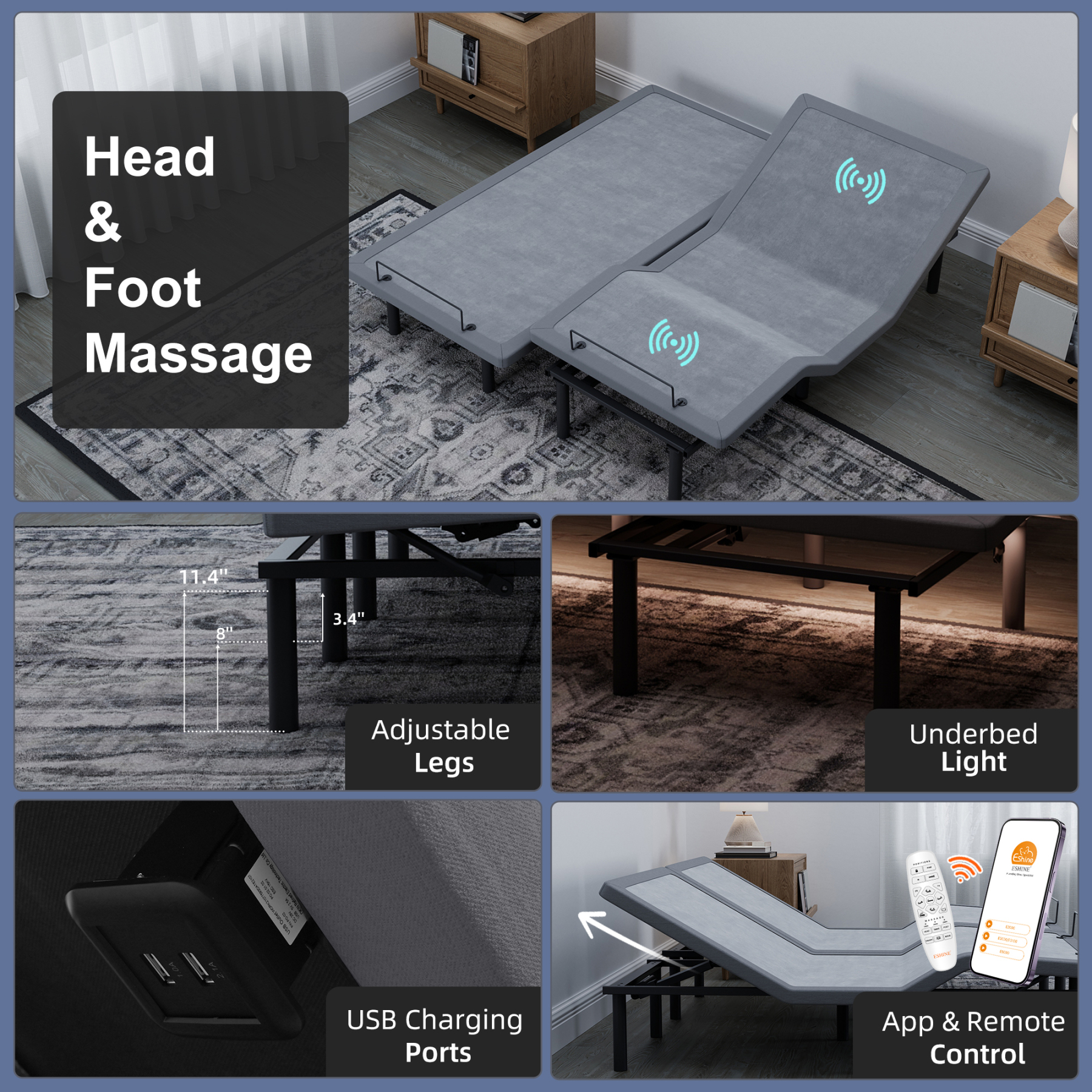 FlexSleep Pro Grey Series E3100, Massage Adjustable Bed Frame-eshinesleep