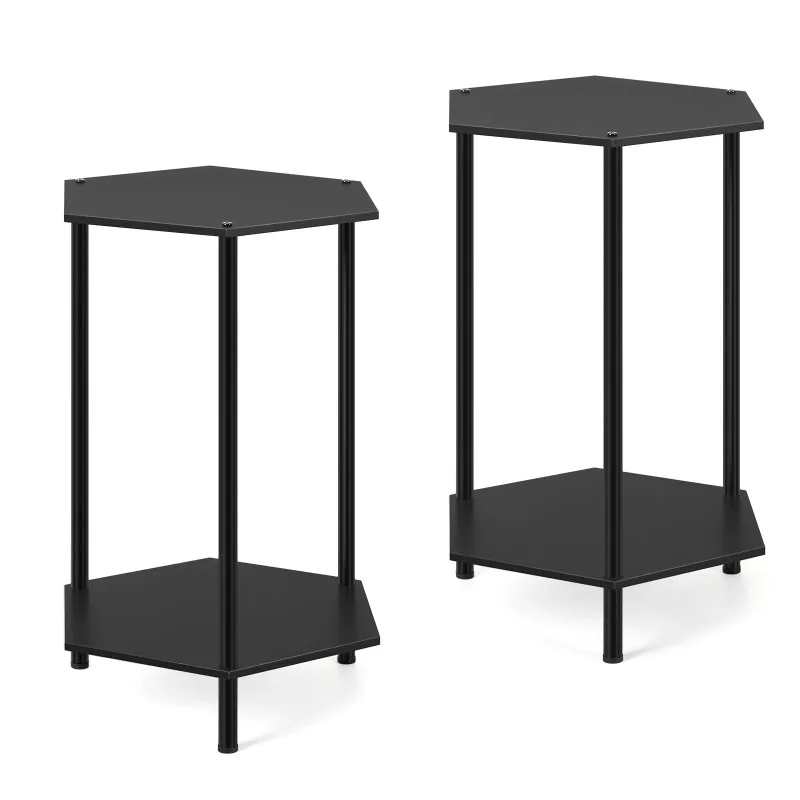Two Tier Nightstand Coffee Table Black Office Bedroom Set of 2 Bedside Table Organizer, Side Table for Living Room, Bedroom