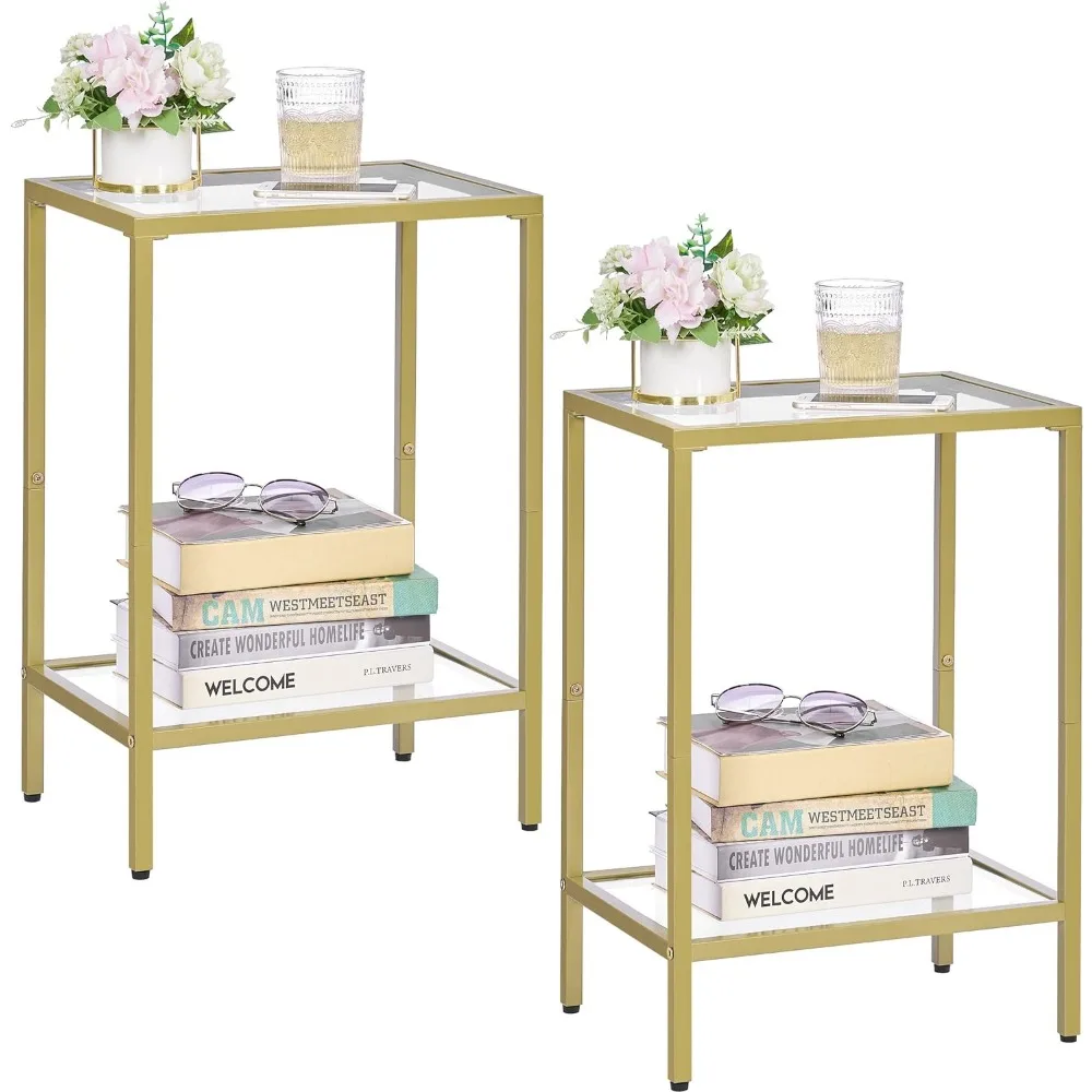 Side Tables Set of 2, End Tables with Tempered Glass, 2-Tier Nightstands with Storage Shelves, Slim Sofa Table for Living Room