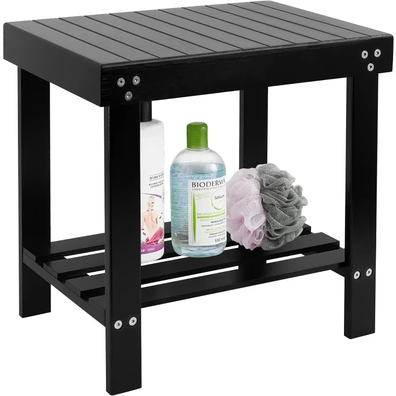 Bamboo Spa Bench Wood Seat Stool Foot Rest Shaving Stool with Non-Slip Feets Storage Shelf for Shampoo Towel,Works in Bathroom