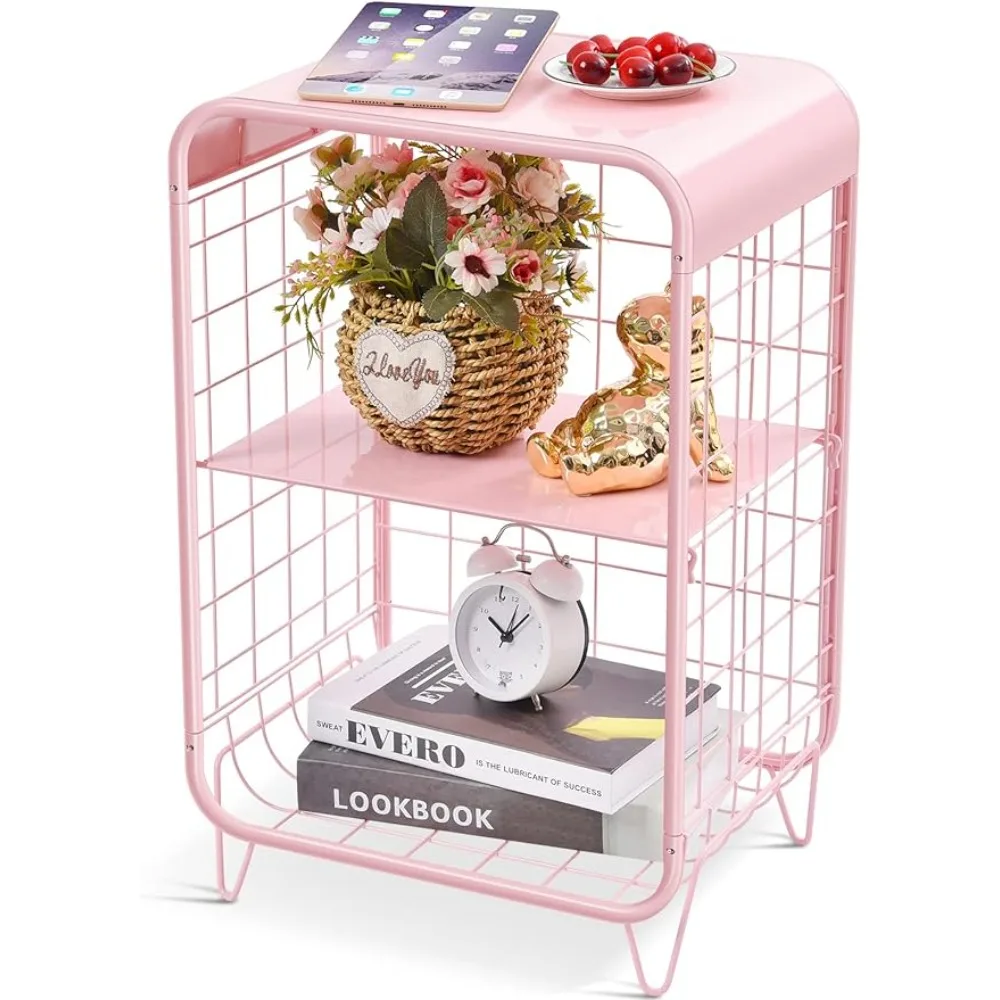 Metal Side Table,Cute Pink Nightstand,3 Tier End Table with Storage,Vintage Bedside Table,Girls Bedroom Furniture