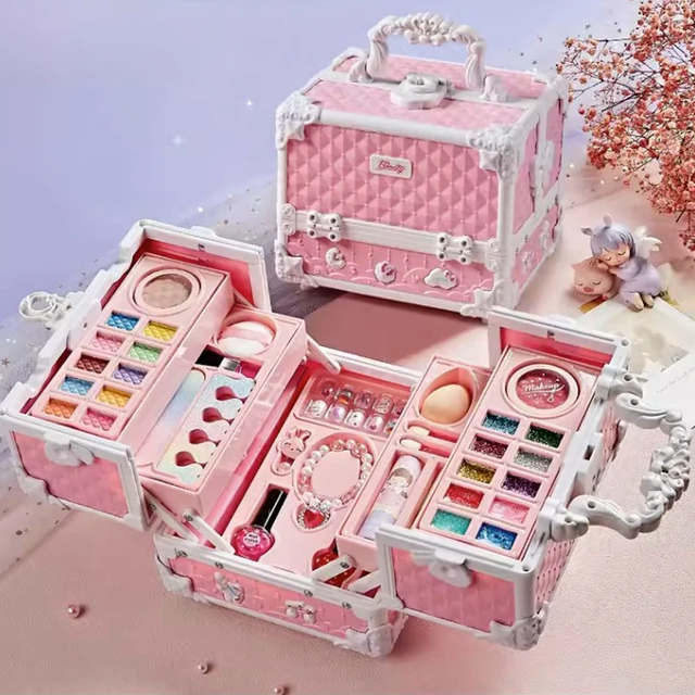 Makeup Set For Girls Makeup Box Suitcase Washable Makeup Kit Full Set Lipstick Eyeshadows Nail Polish Stickers Kid Game Toy Gift