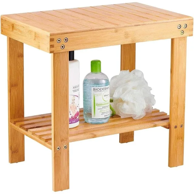 Bamboo Spa Bench Wood Seat Stool Foot Rest Shaving Stool with Non-Slip Feets Storage Shelf for Shampoo Towel,Works in Bathroom