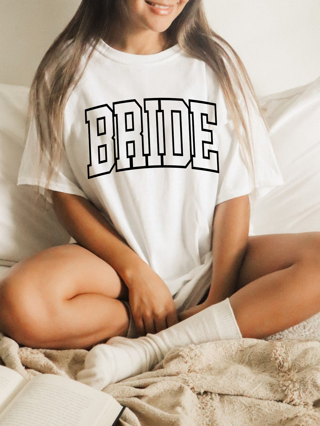 Bride Letter Print Short Sleeve Round Neck Slight Stretch T-shirt