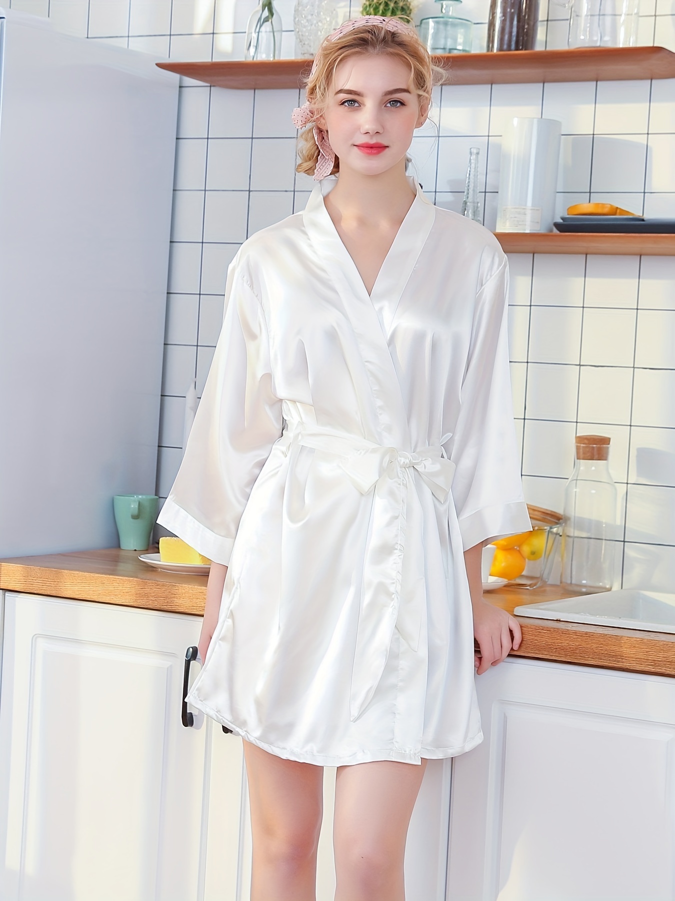 Bridal Three Quarter Sleeve Belted Robe With Embroidered Lettering