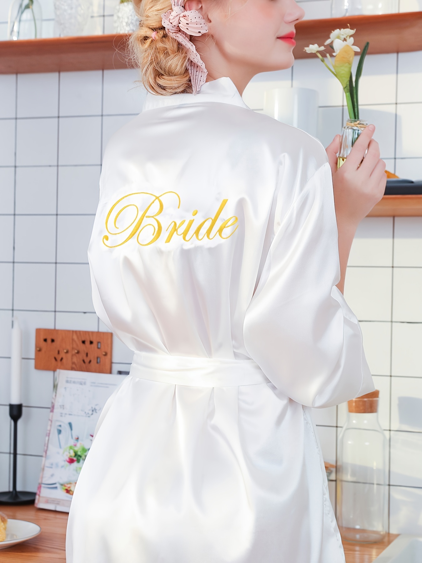 Bridal Three Quarter Sleeve Belted Robe With Embroidered Lettering