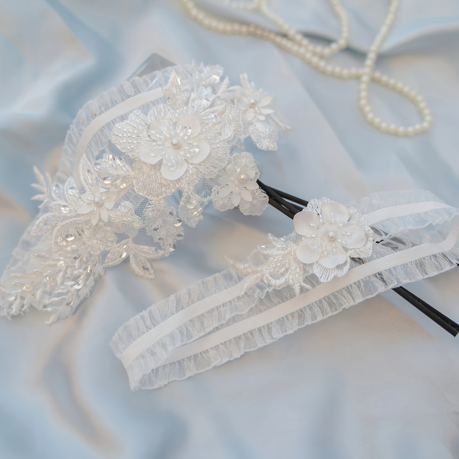 Women White Embroidered Flowers Lace Garter 2pcs