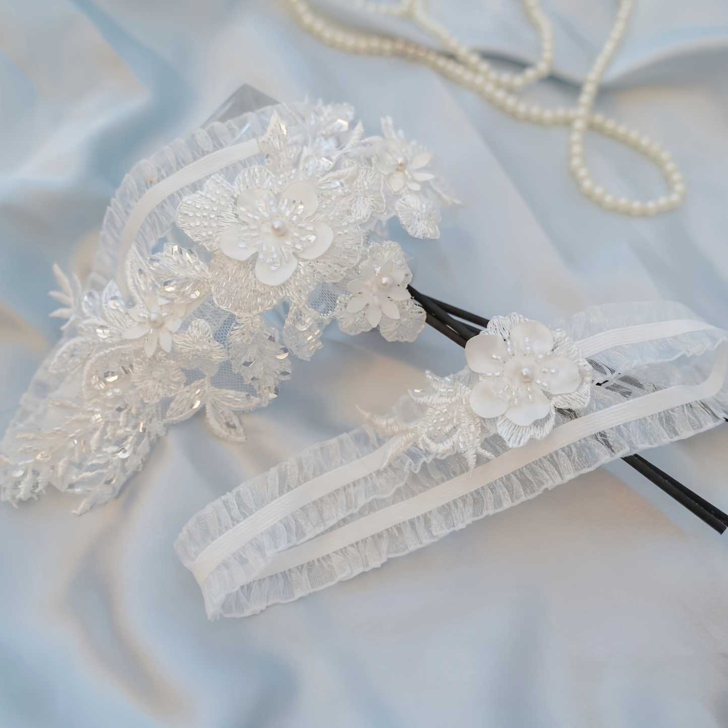 Women White Embroidered Flowers Lace Garter 2pcs