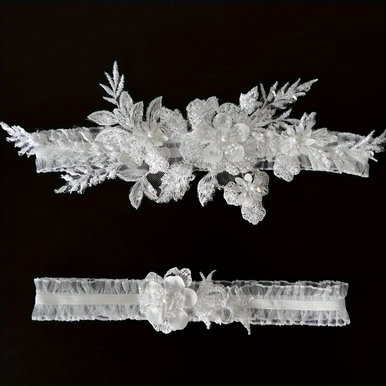 Women White Embroidered Flowers Lace Garter 2pcs