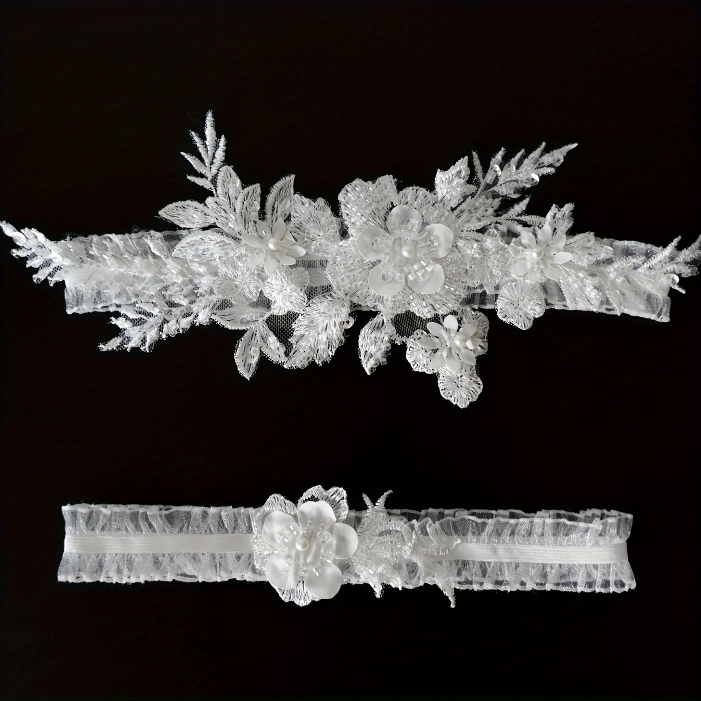 Women White Embroidered Flowers Lace Garter 2pcs