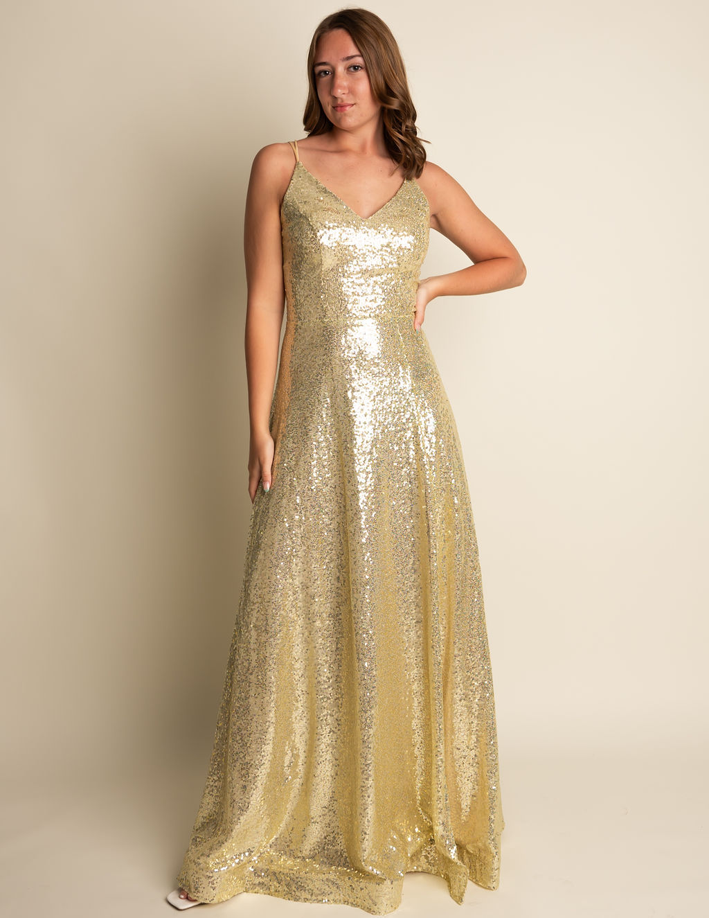 A-Line V-Neck Gold Sequin Bridesmaid Dress With Wide Straps #RJBM009