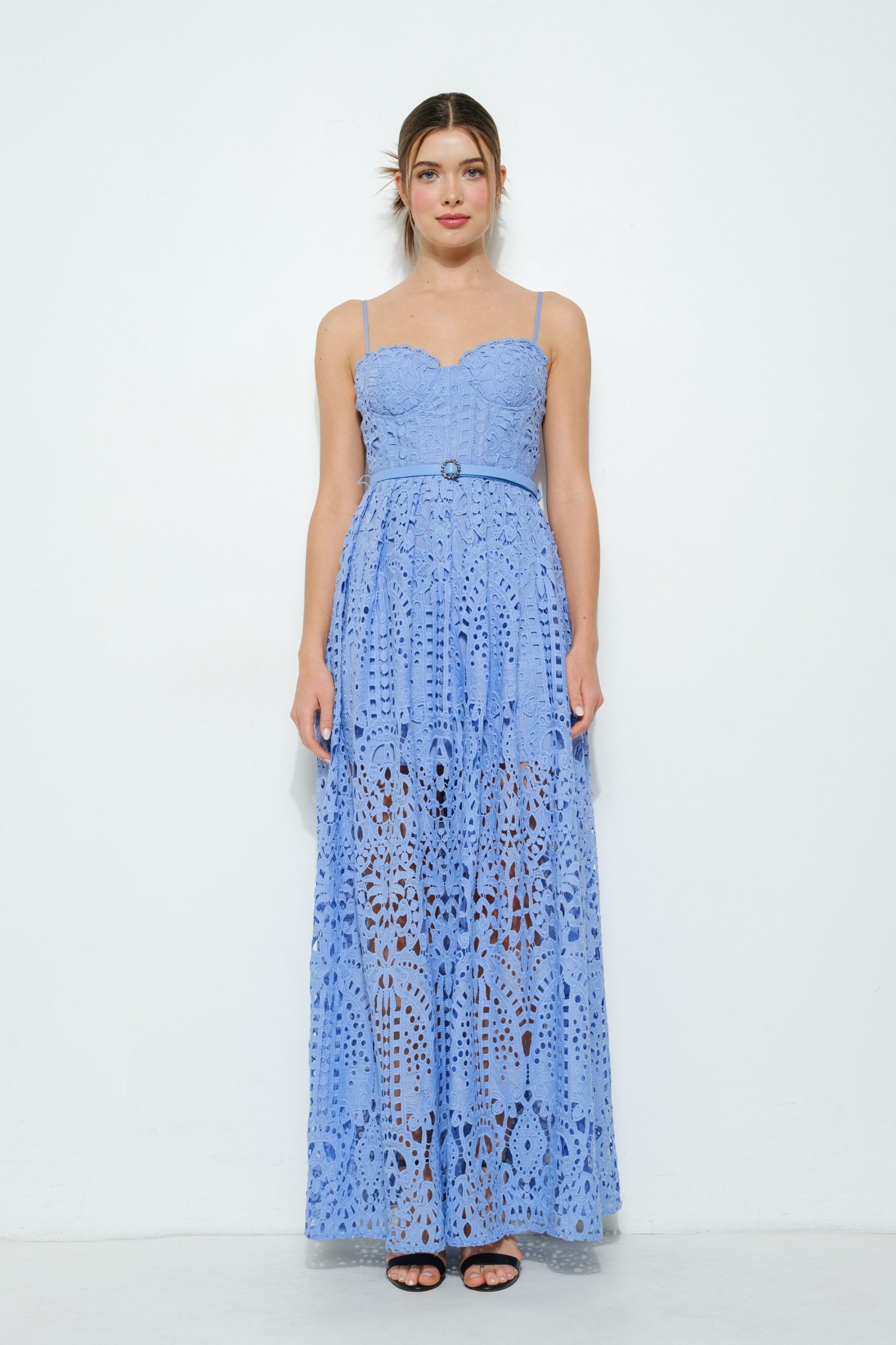 Lace Maxi Spaghetti Strap Dress With Belt #23699948