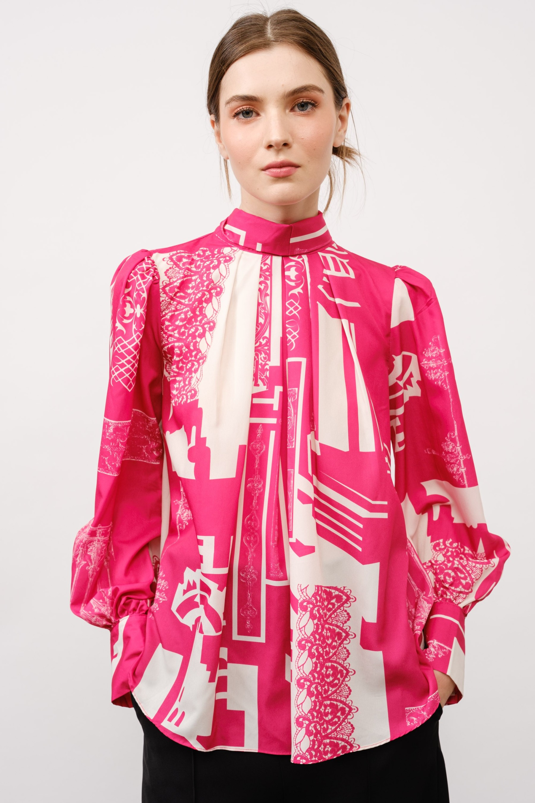 Long Puff Sleeve Abstract Print Bow Detail Blouse #23672957