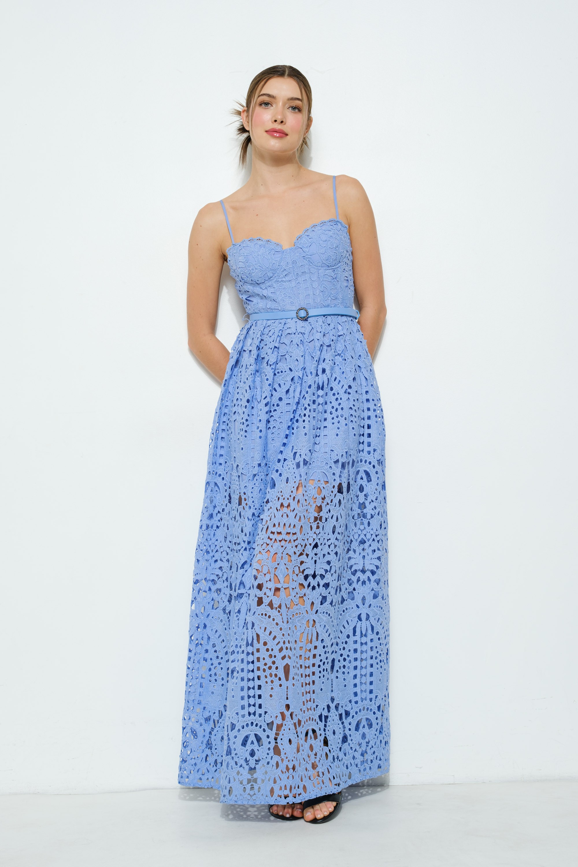 Lace Maxi Spaghetti Strap Dress With Belt #23642860