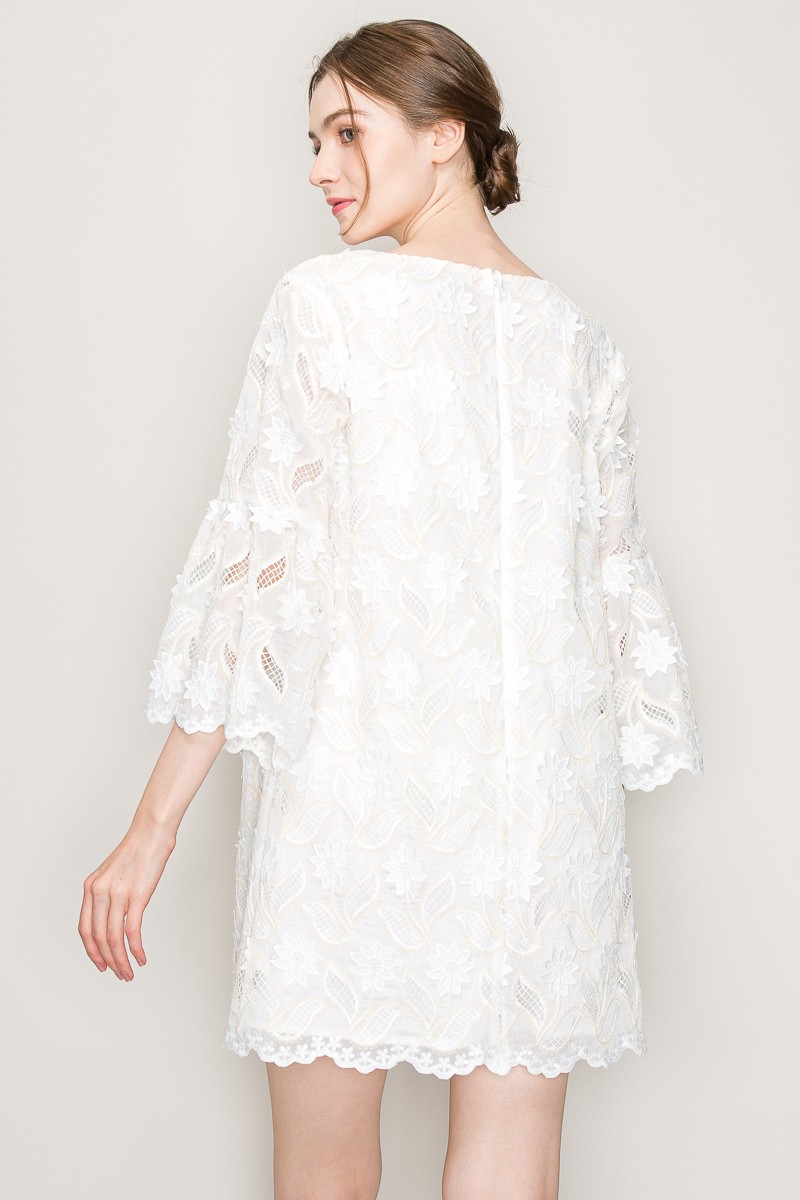 Floral Lace Three Quarter Sleeves Mini Dress #23527447