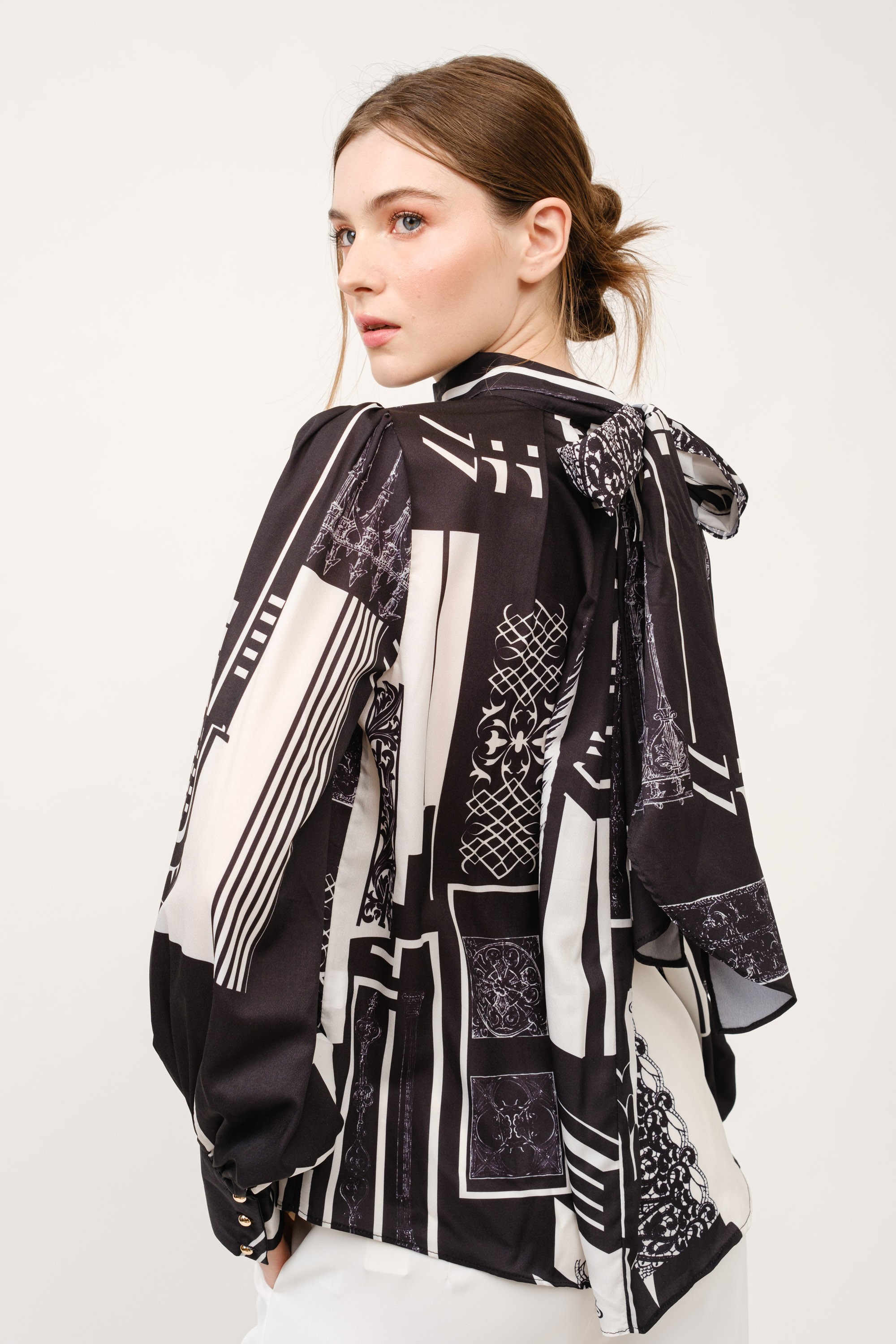 Long Puff Sleeve Abstract Print Bow Detail Blouse #23672957