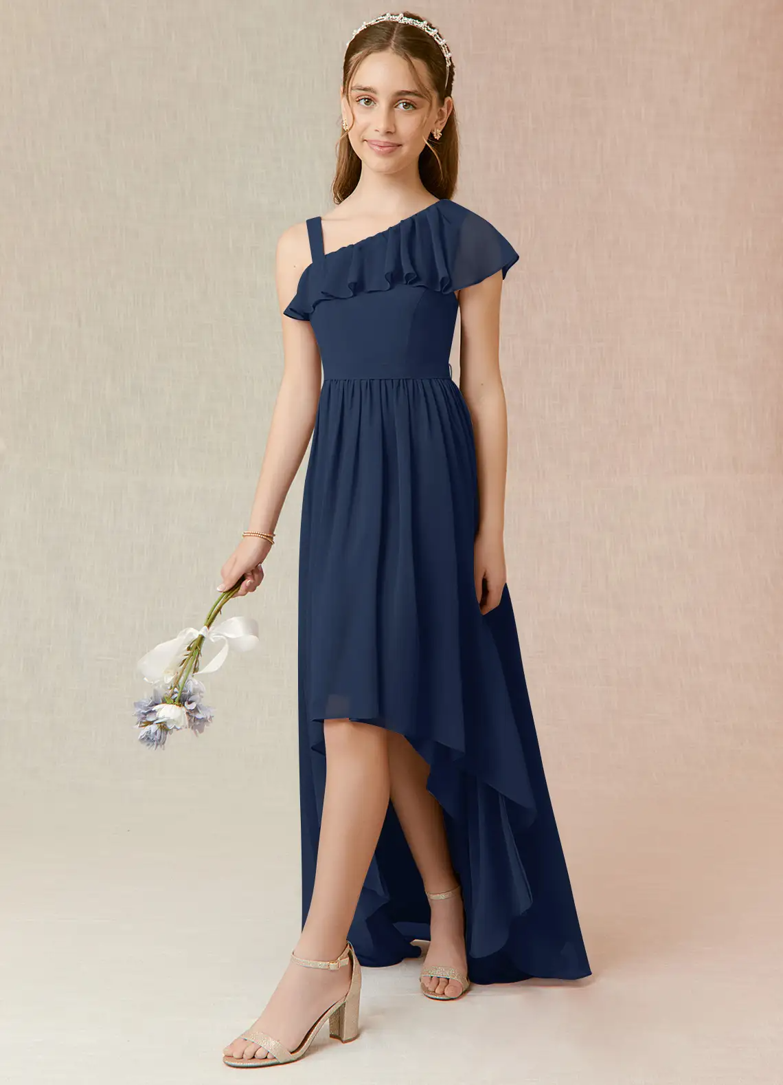 A-Line Ruched Chiffon Dark Navy Junior Bridesmaid Dress