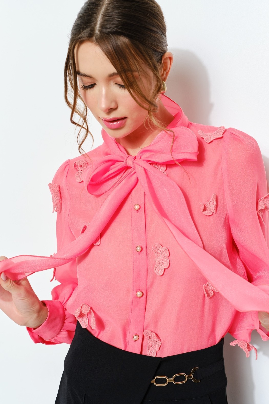 Sheer Embroidered Butterfly Bow Tie Blouse #23617579