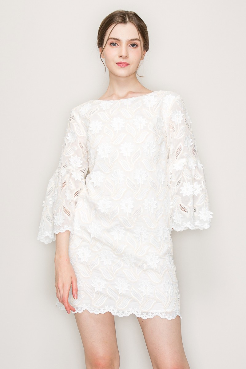 Floral Lace Three Quarter Sleeves Mini Dress #23527447