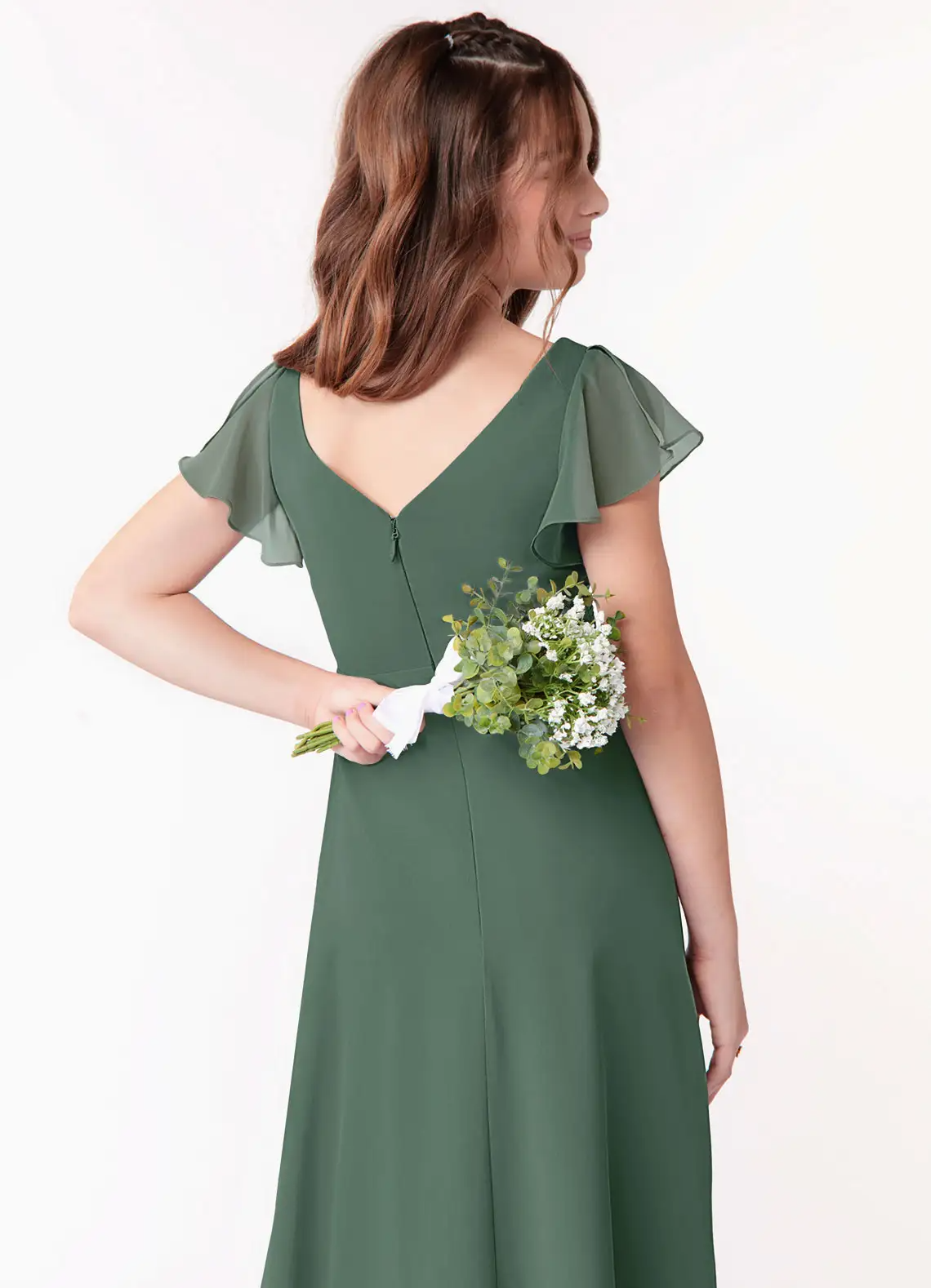 A-Line V-Neck Ruched Chiffon Eucalyptus Junior Bridesmaid Dress