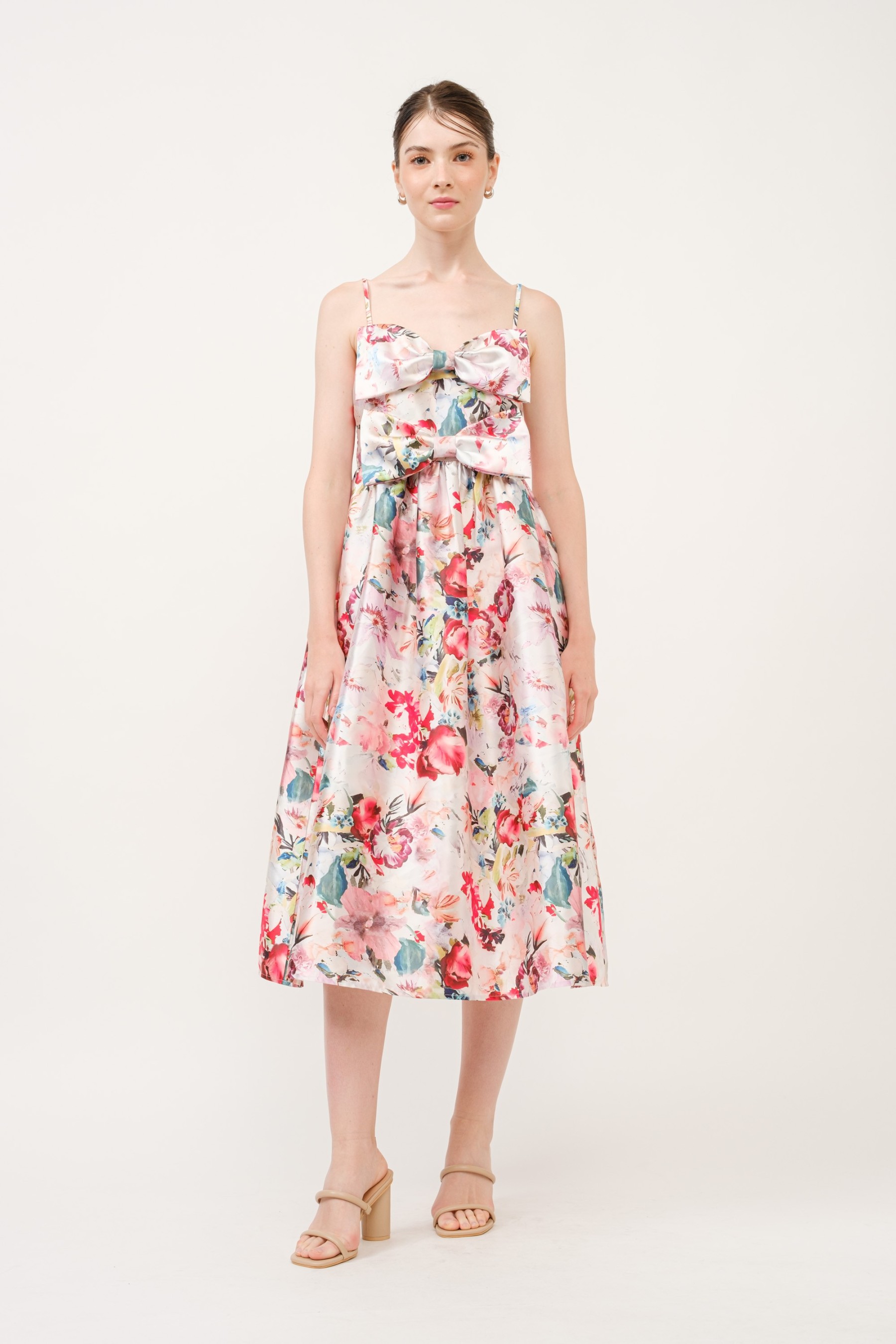 Floral Print Satin Bow Detail Midi Dress #23700092