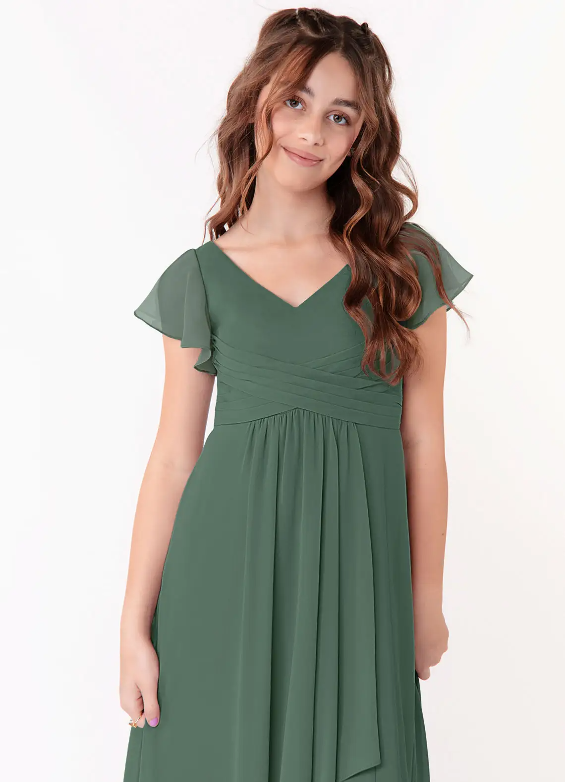 A-Line V-Neck Ruched Chiffon Eucalyptus Junior Bridesmaid Dress