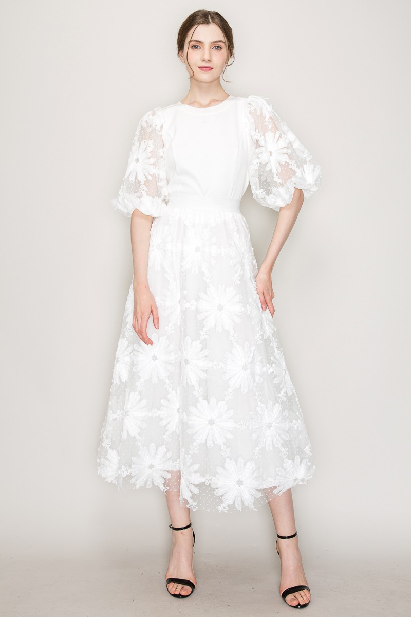 High Waist Floral Applique Dots Tulle Long Skirt #22107318