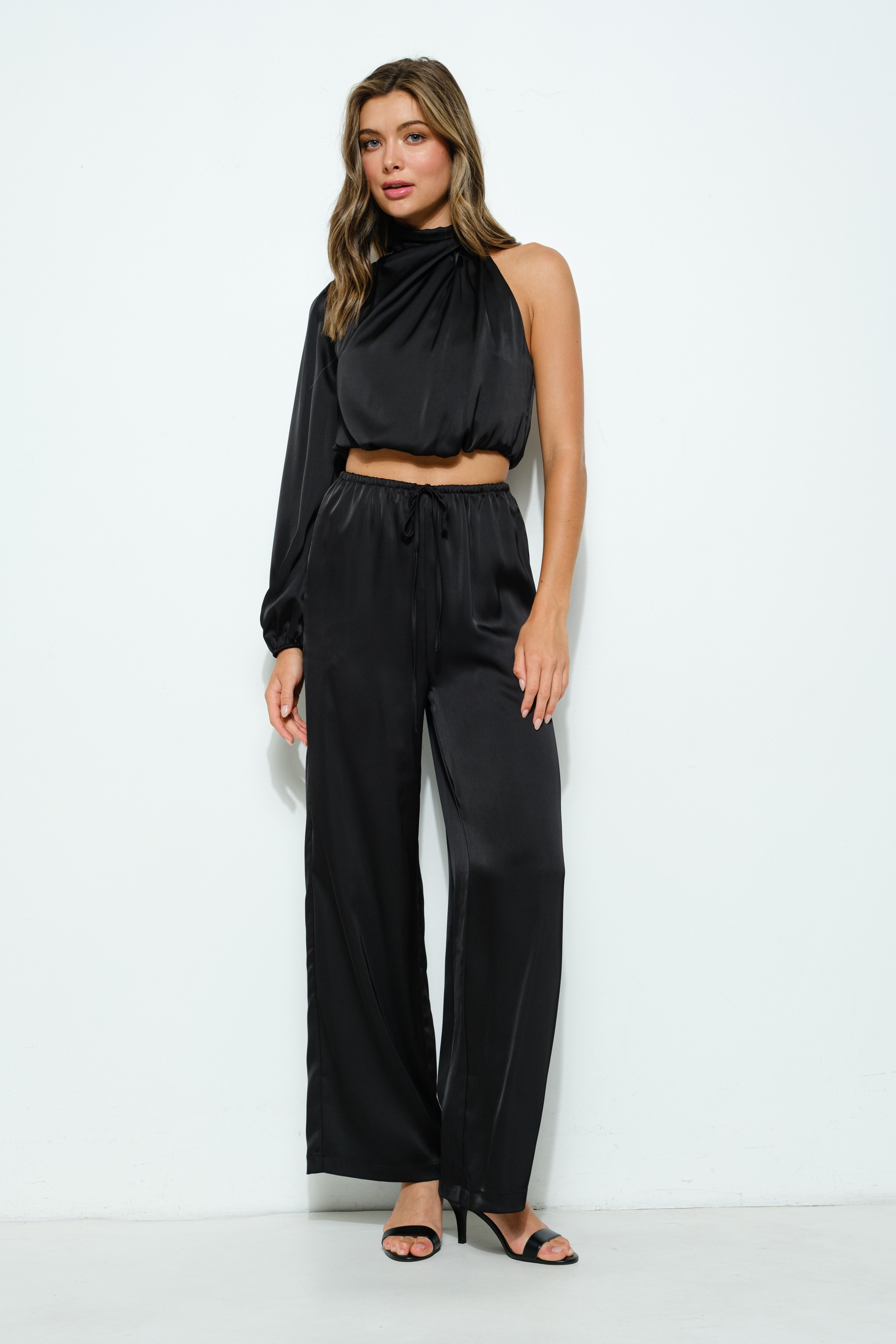Satin Elasticized Waist Self-tie Drawstring Pants #23686411