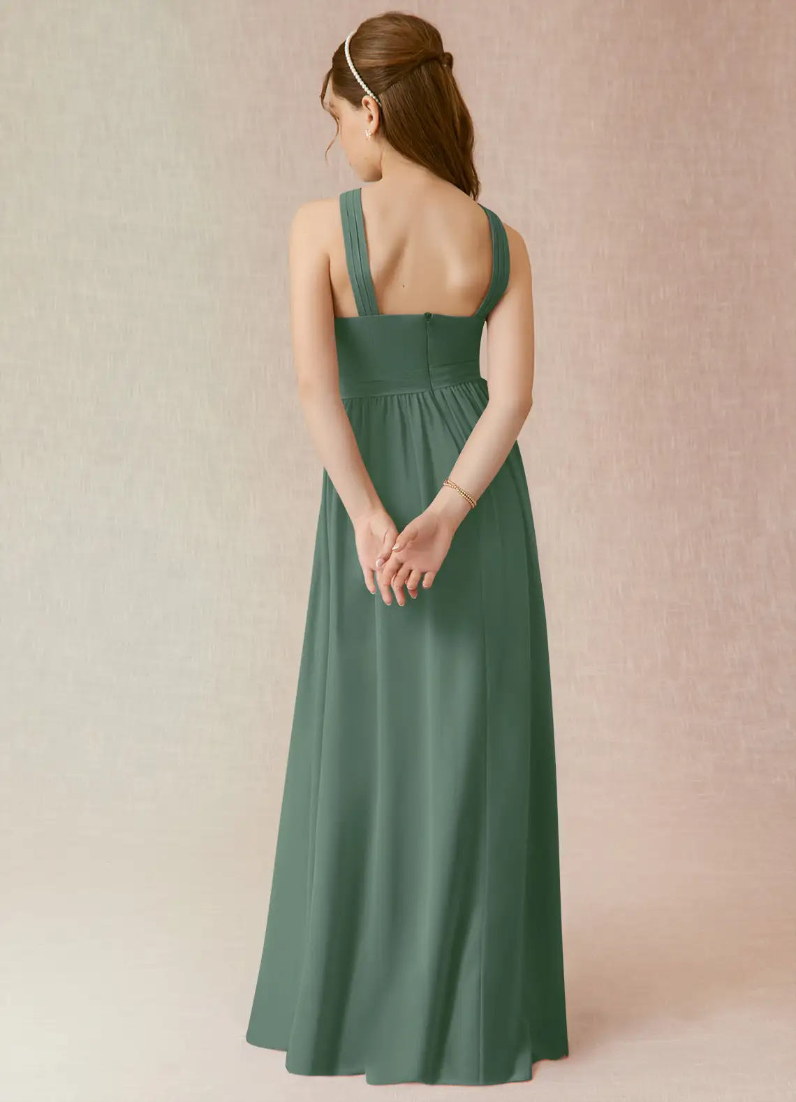 A-Line Halter Pleated Chiffon Eucalyptus Junior Bridesmaid Dress