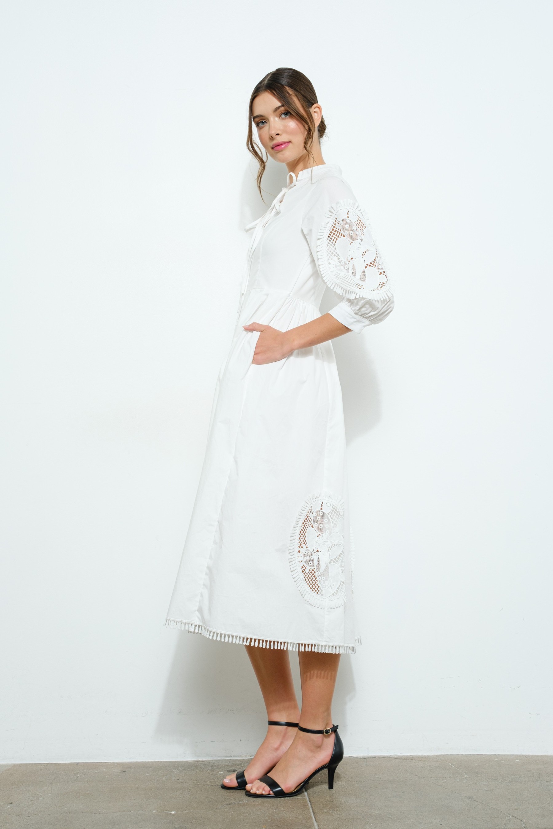 Cotton Lace Embroidered Balloon Sleeve Midi Dress #23536932