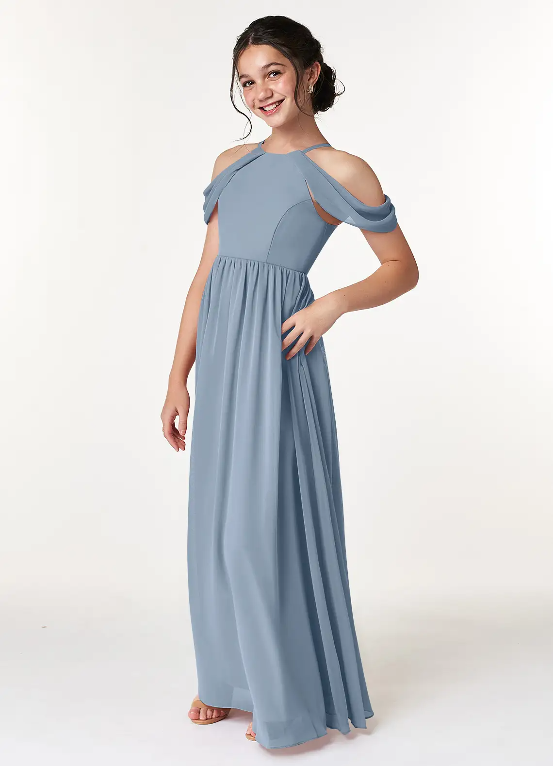 A-Line Off the Shoulder Chiffon Dusty Blue Junior Bridesmaid Dress