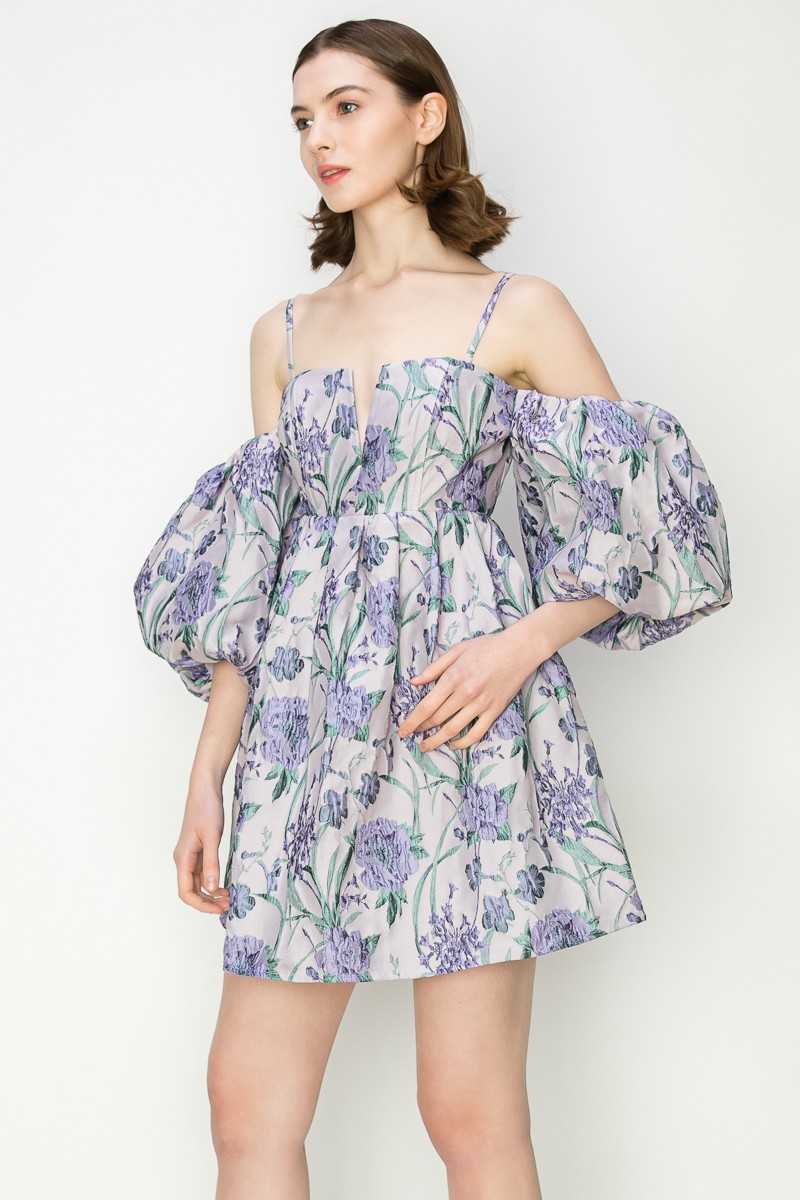 Jacquard Off Shoulder Volume Sleeve Mini Dress #23498688