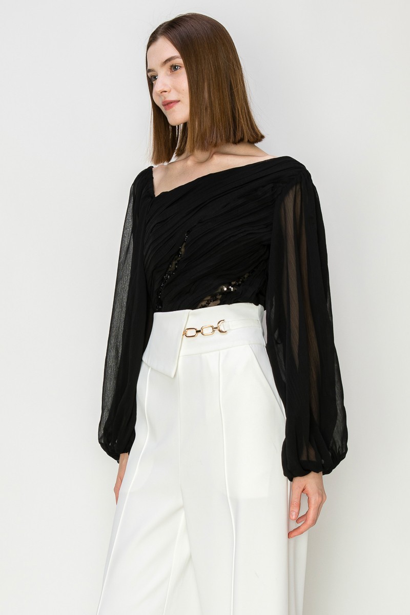 Chiffone Lace See-Through Pleated Balloon Sleeves Blouse #21984810