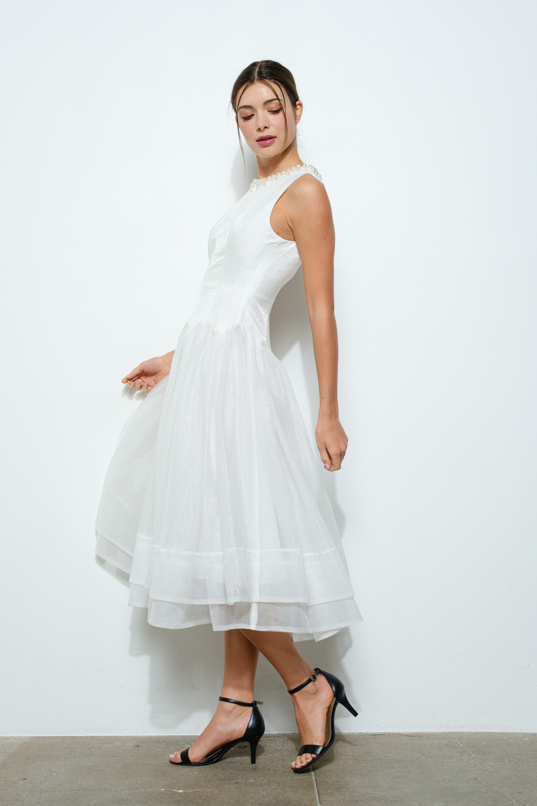 Pearl Embellished Sheer Tulle Midi Dress #23647833