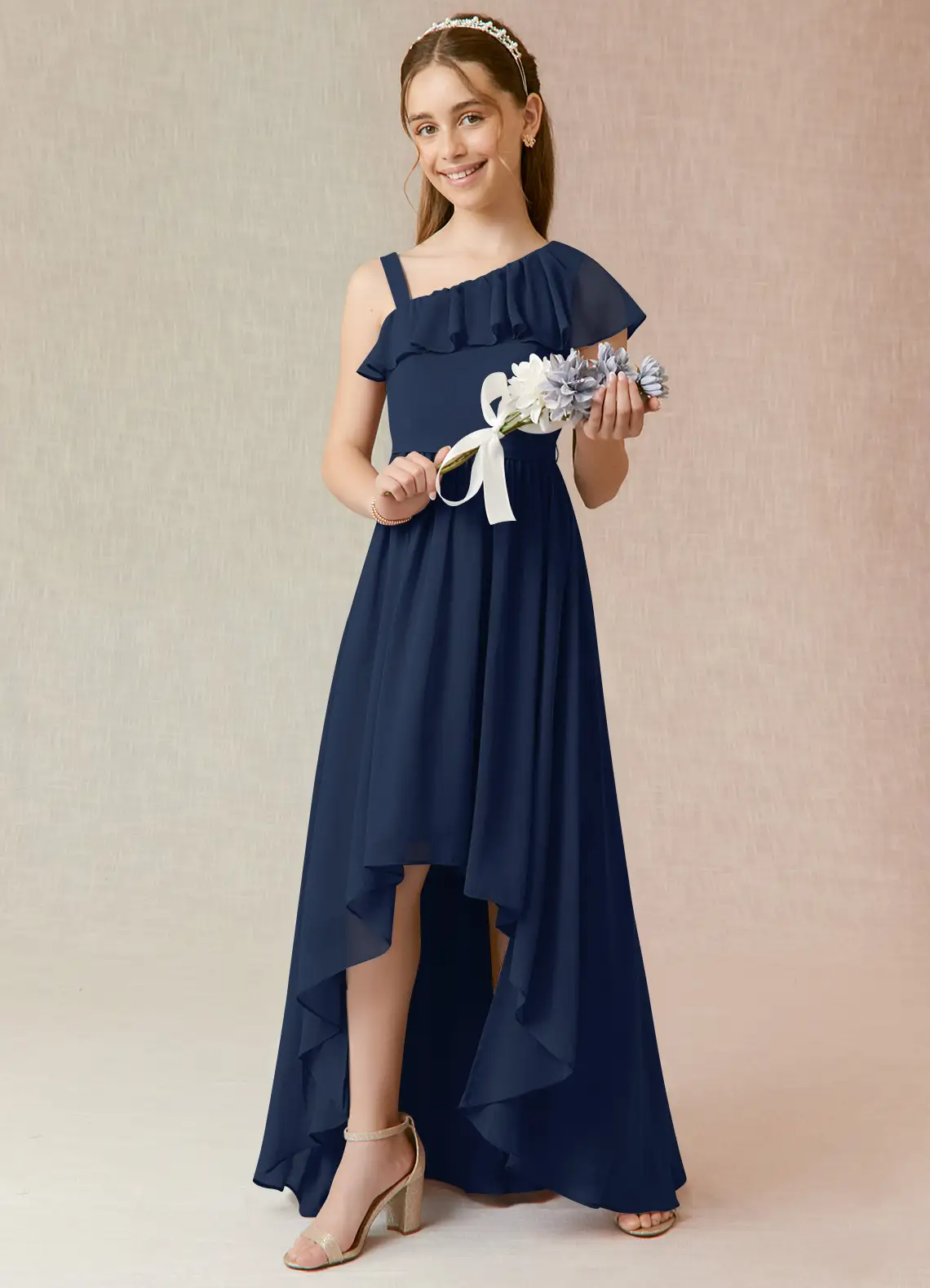 A-Line Ruched Chiffon Dark Navy Junior Bridesmaid Dress