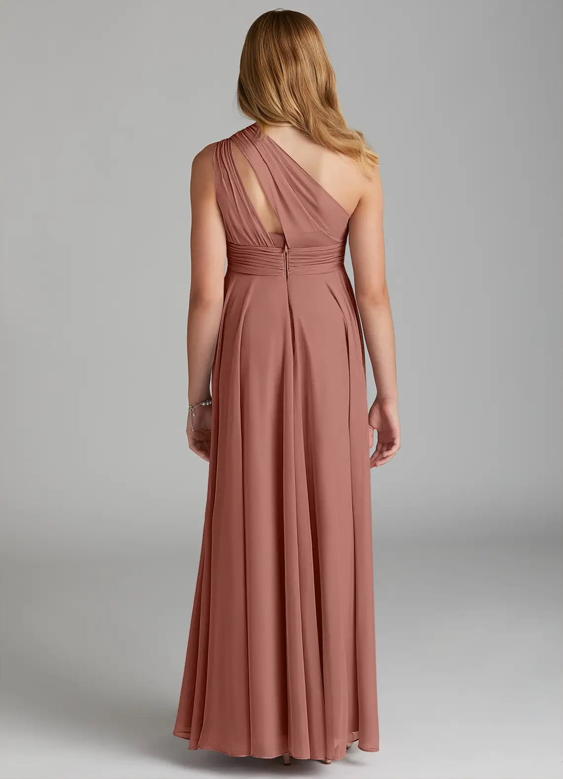 A-Line One-Shoulder Mesh Ruched Cedar Rose Junior Bridesmaid Dress