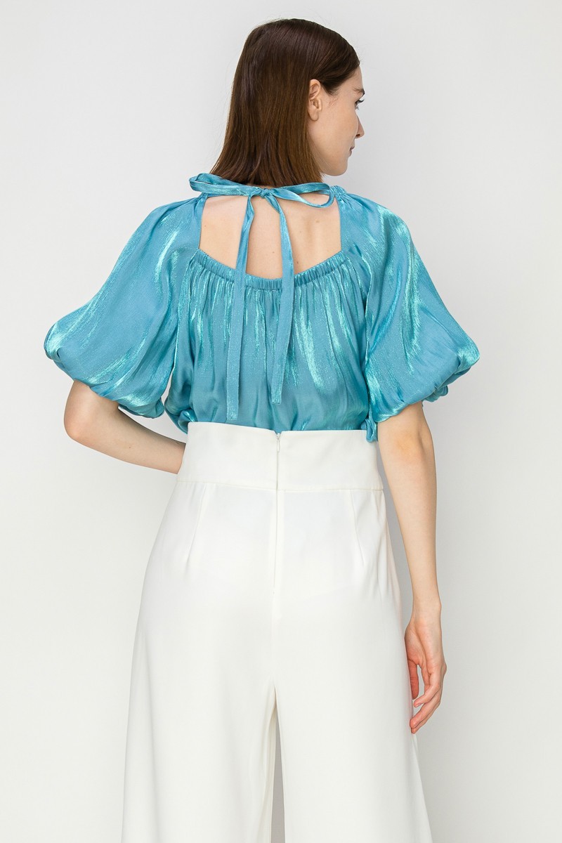 Satin Puff Balloon Sleeves Blouse Top #23108197
