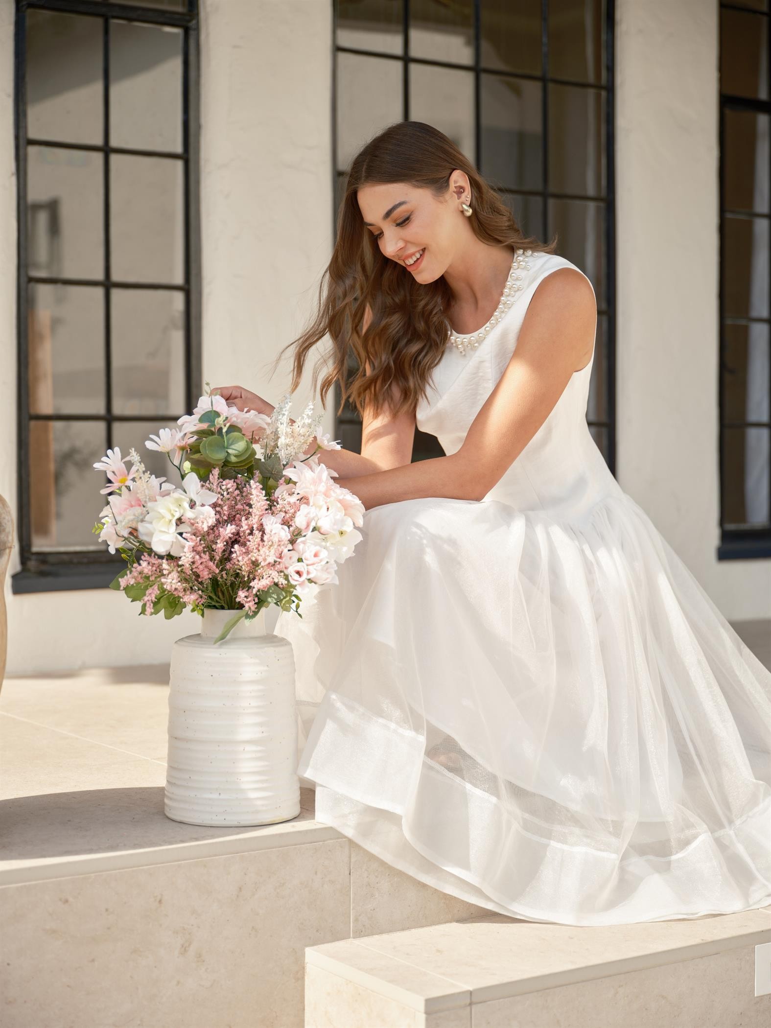 Pearl Embellished Sheer Tulle Midi Dress #23647833