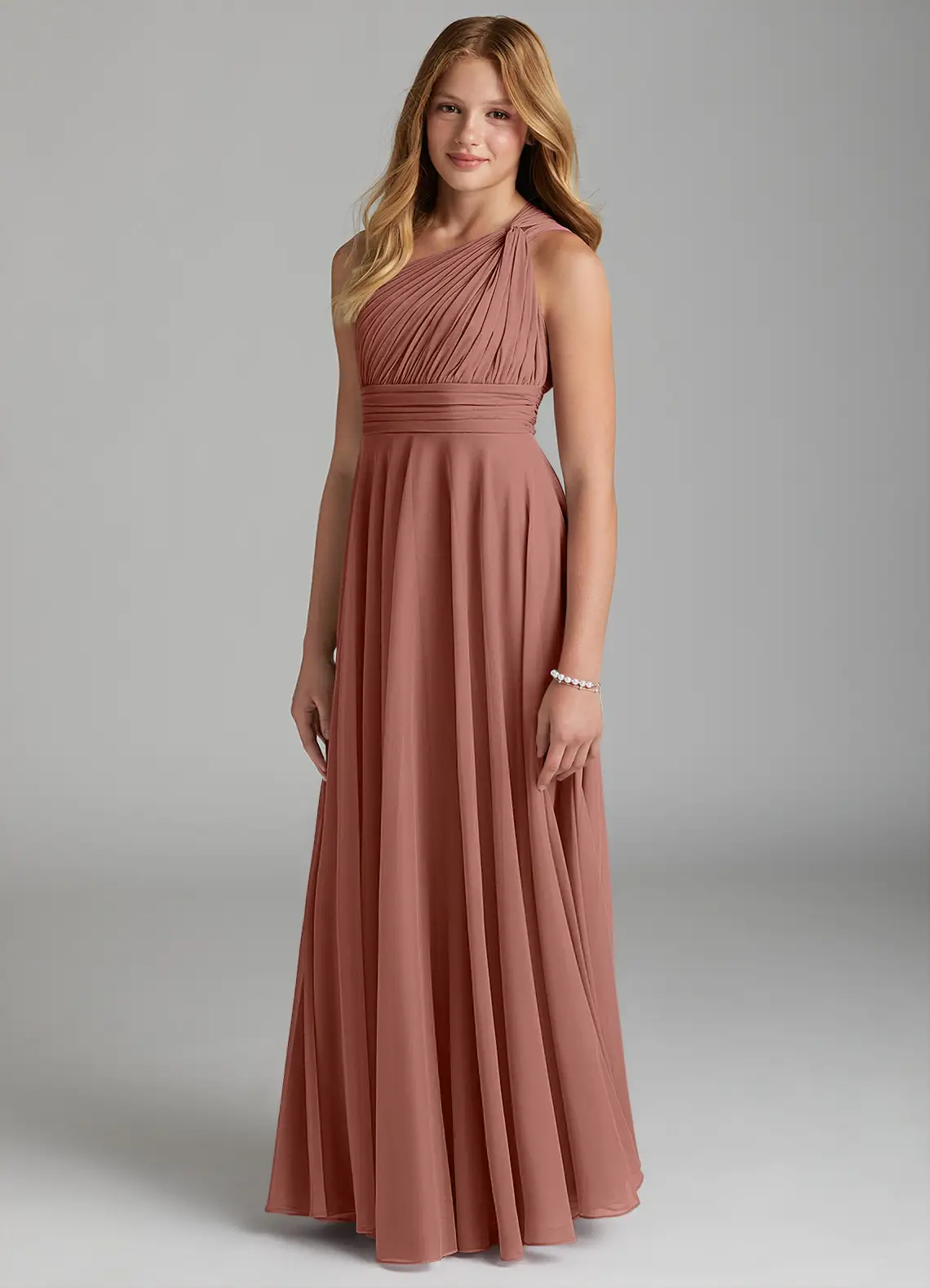 A-Line One-Shoulder Mesh Ruched Cedar Rose Junior Bridesmaid Dress