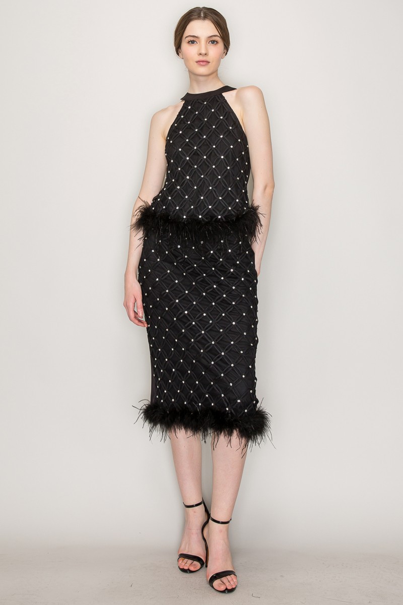 Rhinestone Feather Trimmed Chocker Neck Top #23125528