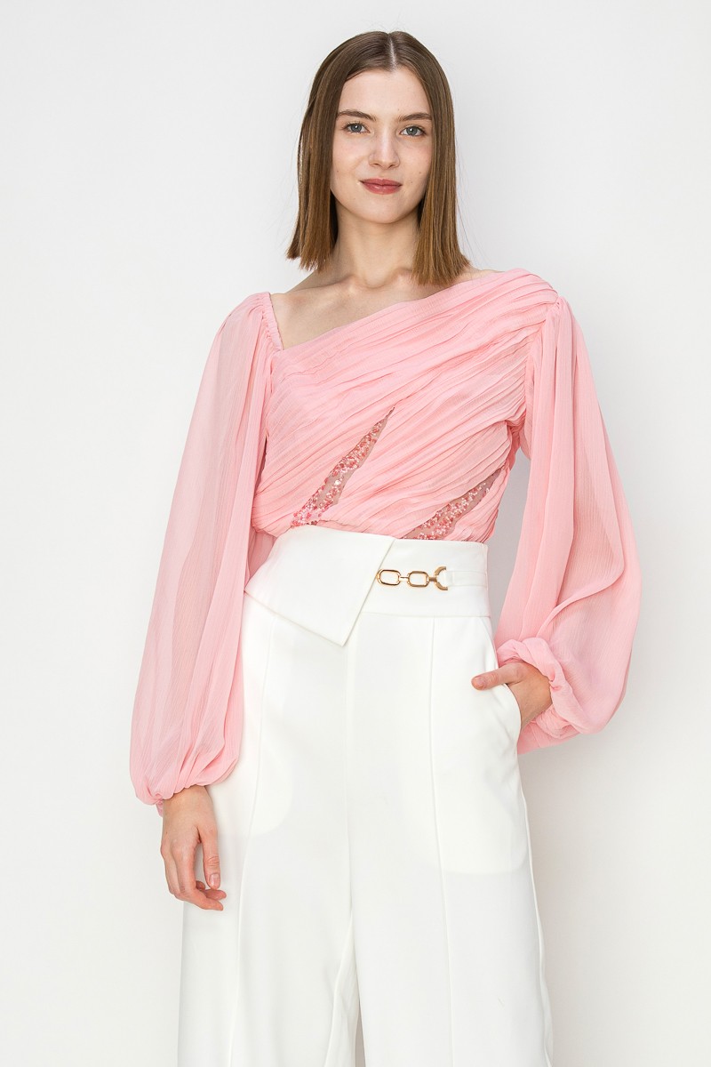 Chiffone Lace See-Through Pleated Balloon Sleeves Blouse #21984810